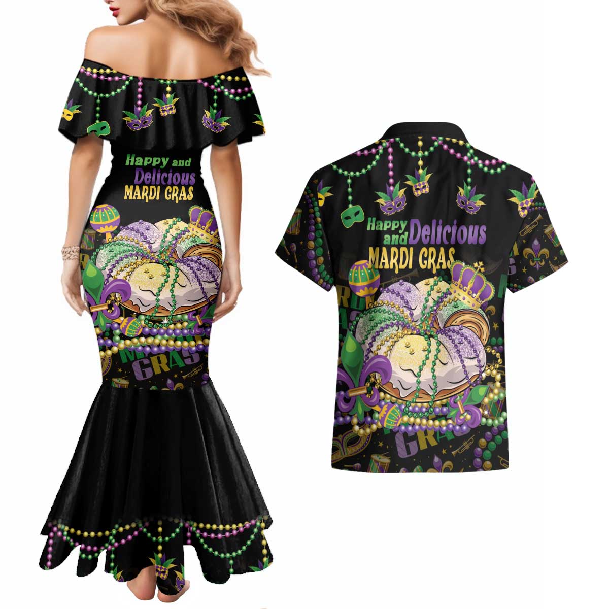Happy And Delicious Mardi Gras Couples Matching Mermaid Dress and Hawaiian Shirt King Cake And Luxury Beadeds - Wonder Print Shop