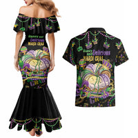 Happy And Delicious Mardi Gras Couples Matching Mermaid Dress and Hawaiian Shirt King Cake And Luxury Beadeds - Wonder Print Shop