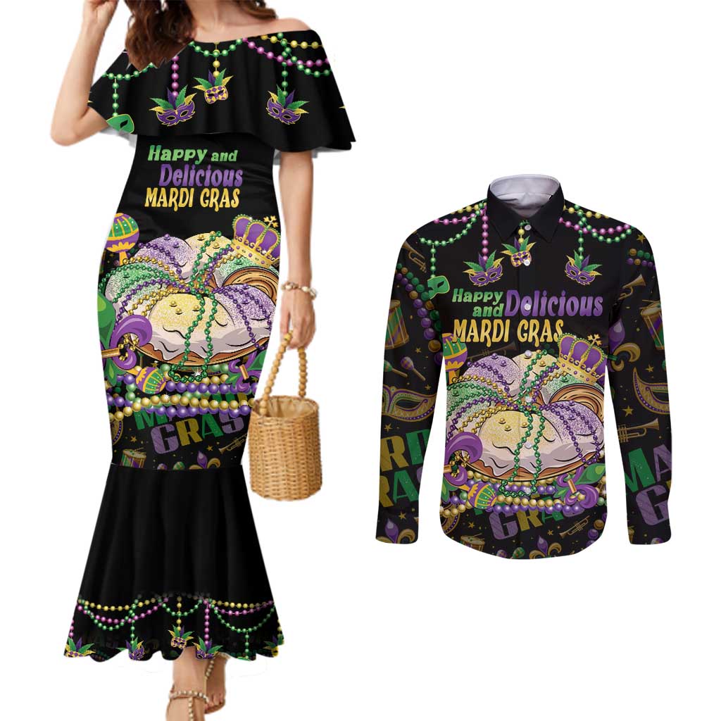 Happy And Delicious Mardi Gras Couples Matching Mermaid Dress and Long Sleeve Button Shirt King Cake And Luxury Beadeds