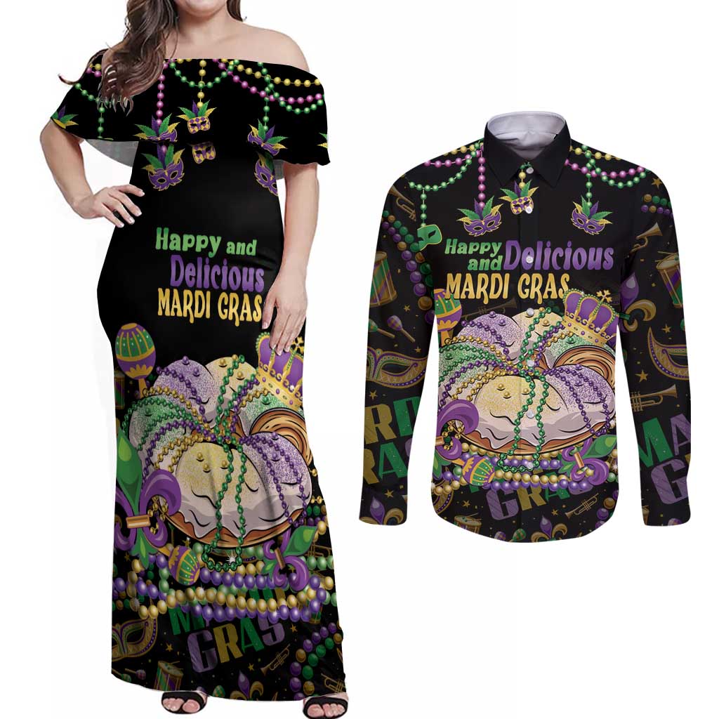 Happy And Delicious Mardi Gras Couples Matching Off Shoulder Maxi Dress and Long Sleeve Button Shirt King Cake And Luxury Beadeds - Wonder Print Shop