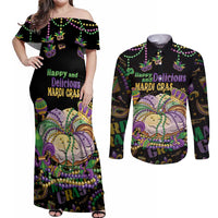 Happy And Delicious Mardi Gras Couples Matching Off Shoulder Maxi Dress and Long Sleeve Button Shirt King Cake And Luxury Beadeds - Wonder Print Shop
