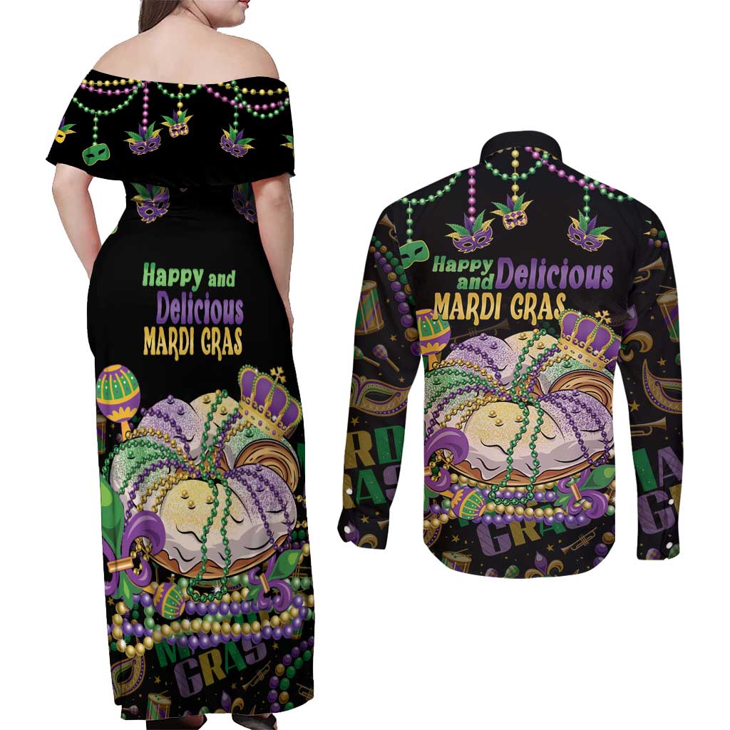 Happy And Delicious Mardi Gras Couples Matching Off Shoulder Maxi Dress and Long Sleeve Button Shirt King Cake And Luxury Beadeds - Wonder Print Shop