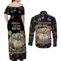Happy And Delicious Mardi Gras Couples Matching Off Shoulder Maxi Dress and Long Sleeve Button Shirt King Cake And Luxury Beadeds - Wonder Print Shop