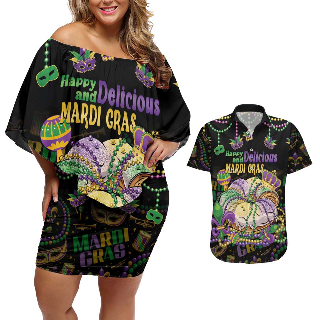 Happy And Delicious Mardi Gras Couples Matching Off Shoulder Short Dress and Hawaiian Shirt King Cake And Luxury Beadeds - Wonder Print Shop
