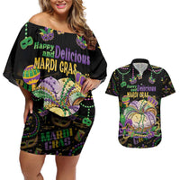 Happy And Delicious Mardi Gras Couples Matching Off Shoulder Short Dress and Hawaiian Shirt King Cake And Luxury Beadeds - Wonder Print Shop