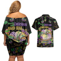 Happy And Delicious Mardi Gras Couples Matching Off Shoulder Short Dress and Hawaiian Shirt King Cake And Luxury Beadeds - Wonder Print Shop