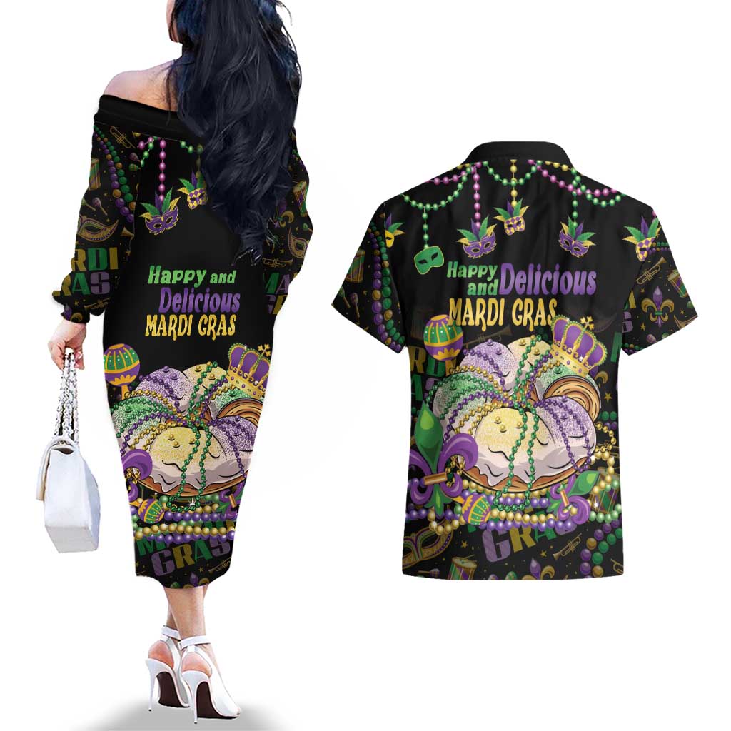 Happy And Delicious Mardi Gras Couples Matching Off The Shoulder Long Sleeve Dress and Hawaiian Shirt King Cake And Luxury Beadeds - Wonder Print Shop