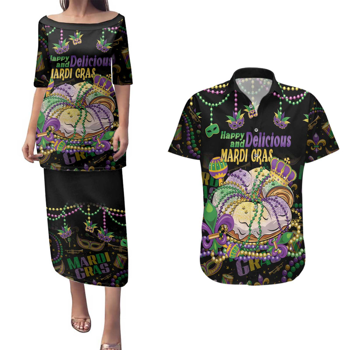Happy And Delicious Mardi Gras Couples Matching Puletasi and Hawaiian Shirt King Cake And Luxury Beadeds - Wonder Print Shop