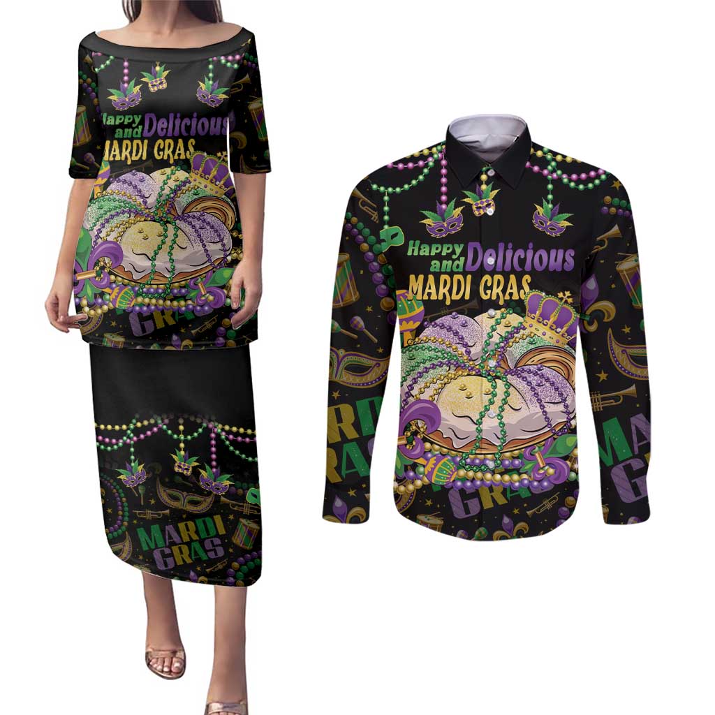 Happy And Delicious Mardi Gras Couples Matching Puletasi and Long Sleeve Button Shirt King Cake And Luxury Beadeds - Wonder Print Shop