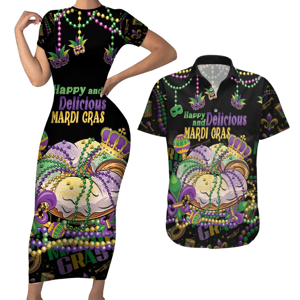 Happy And Delicious Mardi Gras Couples Matching Short Sleeve Bodycon Dress and Hawaiian Shirt King Cake And Luxury Beadeds - Wonder Print Shop