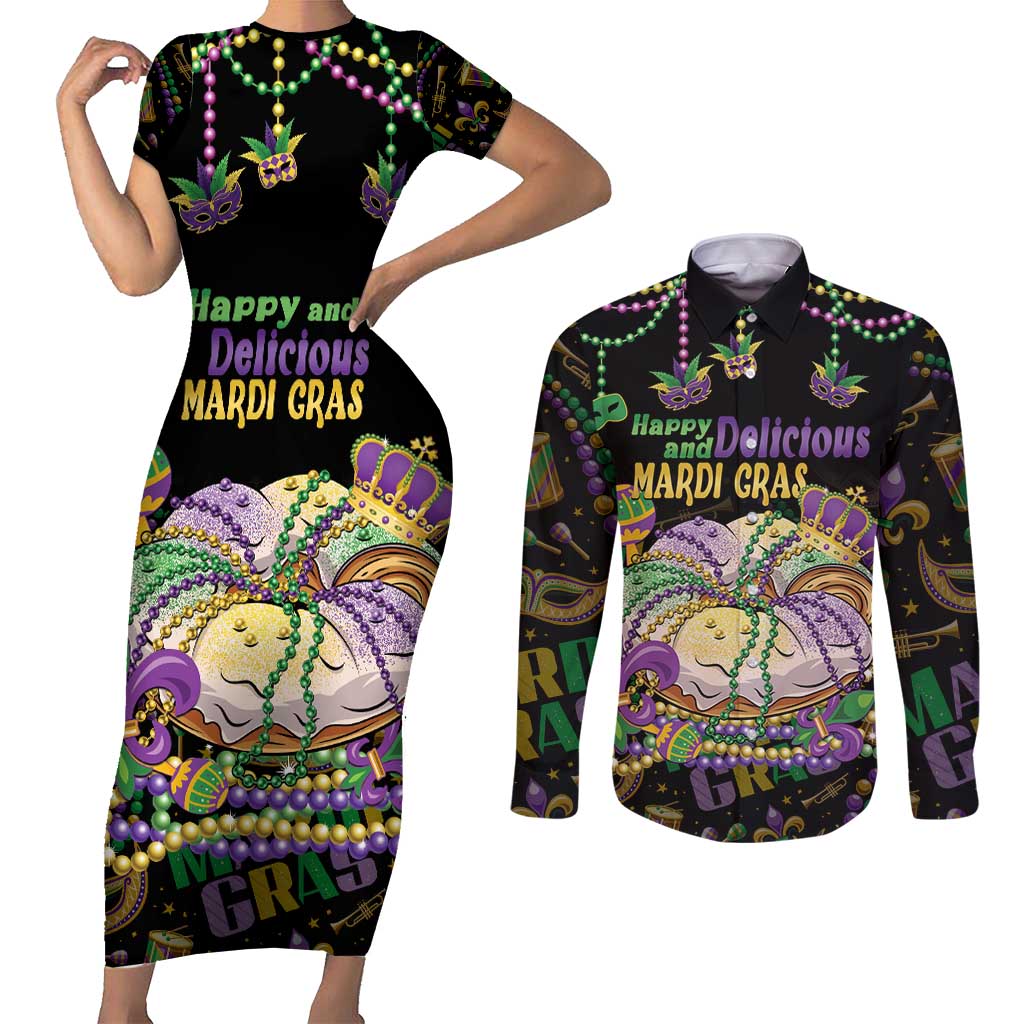 Happy And Delicious Mardi Gras Couples Matching Short Sleeve Bodycon Dress and Long Sleeve Button Shirt King Cake And Luxury Beadeds - Wonder Print Shop