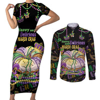Happy And Delicious Mardi Gras Couples Matching Short Sleeve Bodycon Dress and Long Sleeve Button Shirt King Cake And Luxury Beadeds - Wonder Print Shop