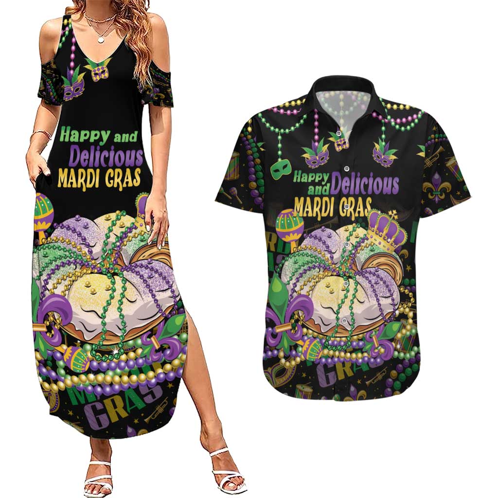 Happy And Delicious Mardi Gras Couples Matching Summer Maxi Dress and Hawaiian Shirt King Cake And Luxury Beadeds - Wonder Print Shop