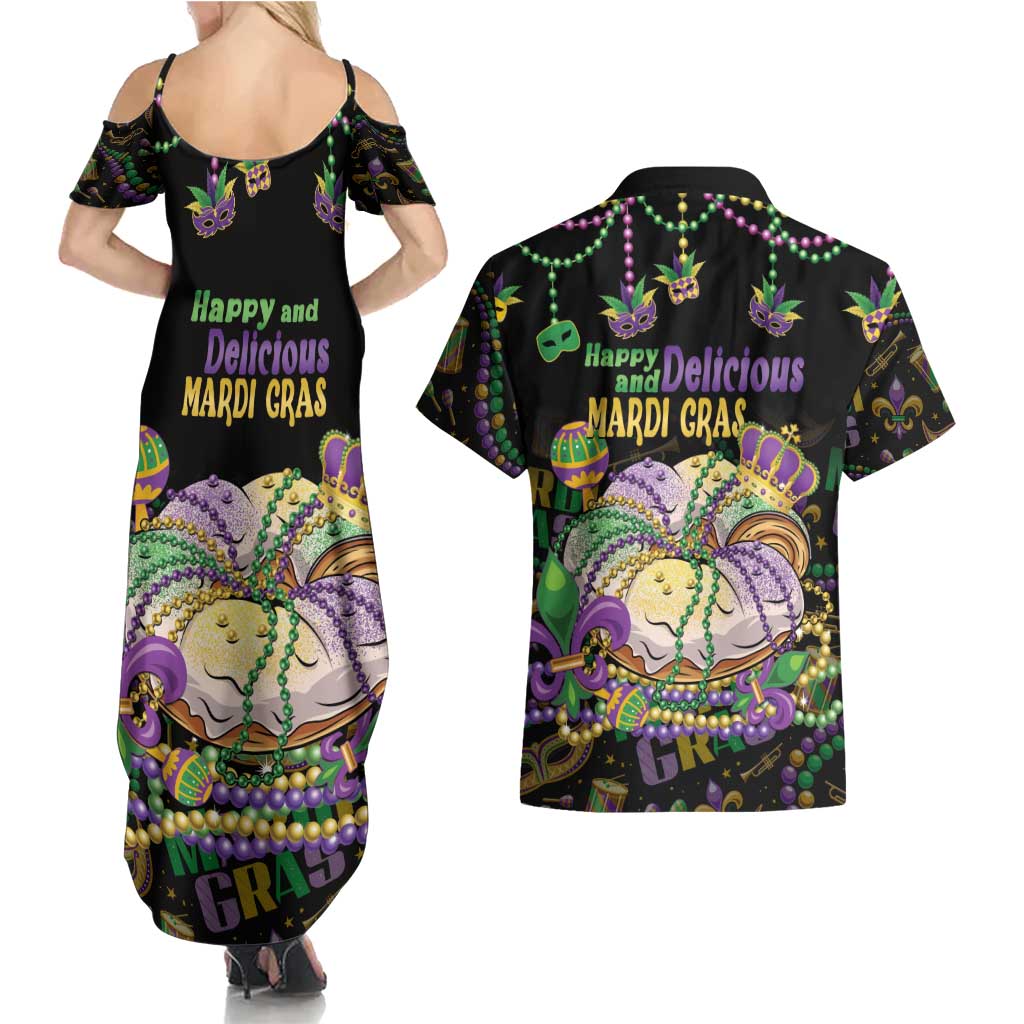 Happy And Delicious Mardi Gras Couples Matching Summer Maxi Dress and Hawaiian Shirt King Cake And Luxury Beadeds - Wonder Print Shop