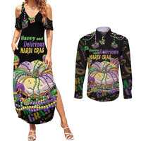 Happy And Delicious Mardi Gras Couples Matching Summer Maxi Dress and Long Sleeve Button Shirt King Cake And Luxury Beadeds - Wonder Print Shop