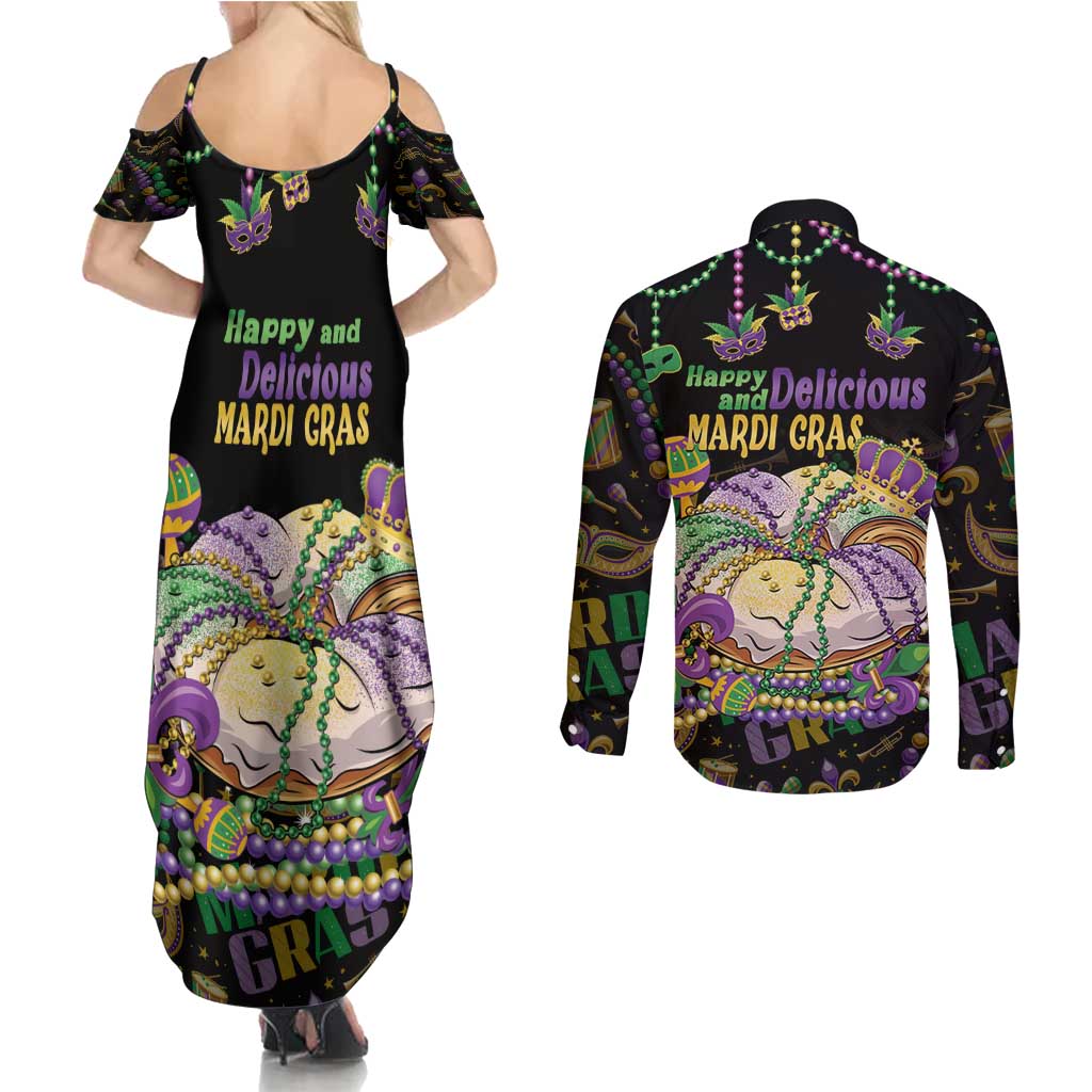 Happy And Delicious Mardi Gras Couples Matching Summer Maxi Dress and Long Sleeve Button Shirt King Cake And Luxury Beadeds - Wonder Print Shop