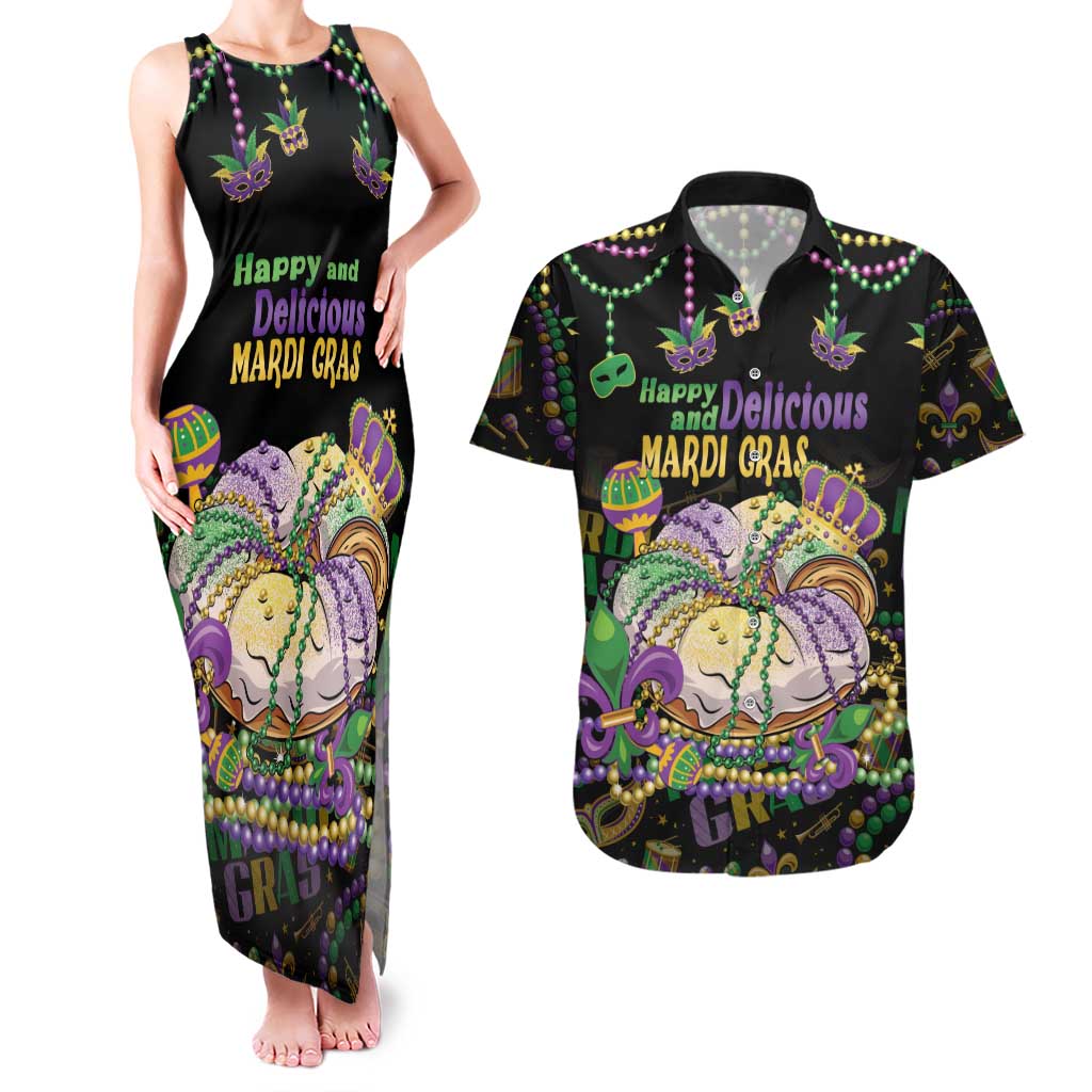 Happy And Delicious Mardi Gras Couples Matching Tank Maxi Dress and Hawaiian Shirt King Cake And Luxury Beadeds - Wonder Print Shop