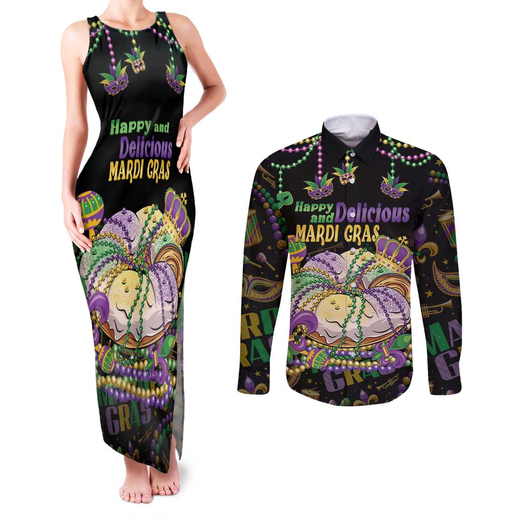 Happy And Delicious Mardi Gras Couples Matching Tank Maxi Dress and Long Sleeve Button Shirt King Cake And Luxury Beadeds - Wonder Print Shop
