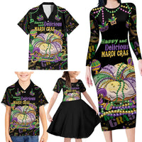 Happy And Delicious Mardi Gras Family Matching Long Sleeve Bodycon Dress and Hawaiian Shirt King Cake And Luxury Beadeds - Wonder Print Shop