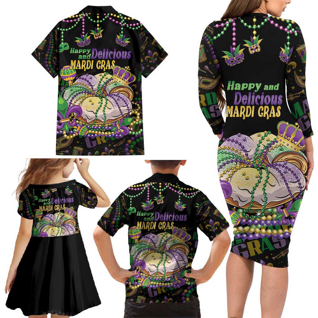 Happy And Delicious Mardi Gras Family Matching Long Sleeve Bodycon Dress and Hawaiian Shirt King Cake And Luxury Beadeds - Wonder Print Shop