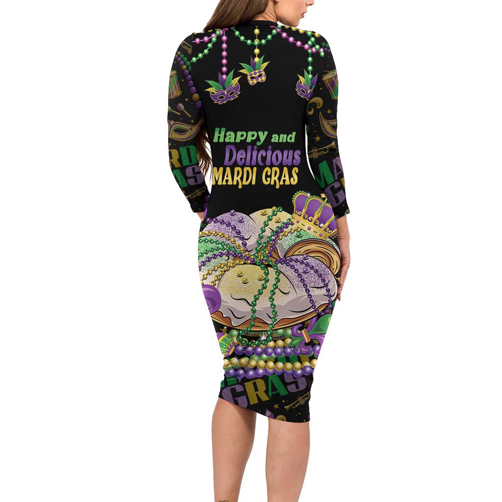Happy And Delicious Mardi Gras Family Matching Long Sleeve Bodycon Dress and Hawaiian Shirt King Cake And Luxury Beadeds - Wonder Print Shop