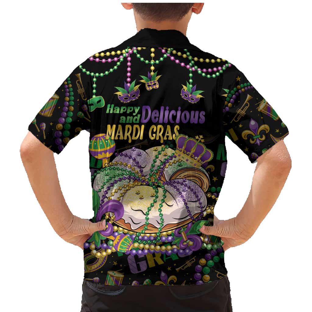 Happy And Delicious Mardi Gras Family Matching Mermaid Dress and Hawaiian Shirt King Cake And Luxury Beadeds - Wonder Print Shop