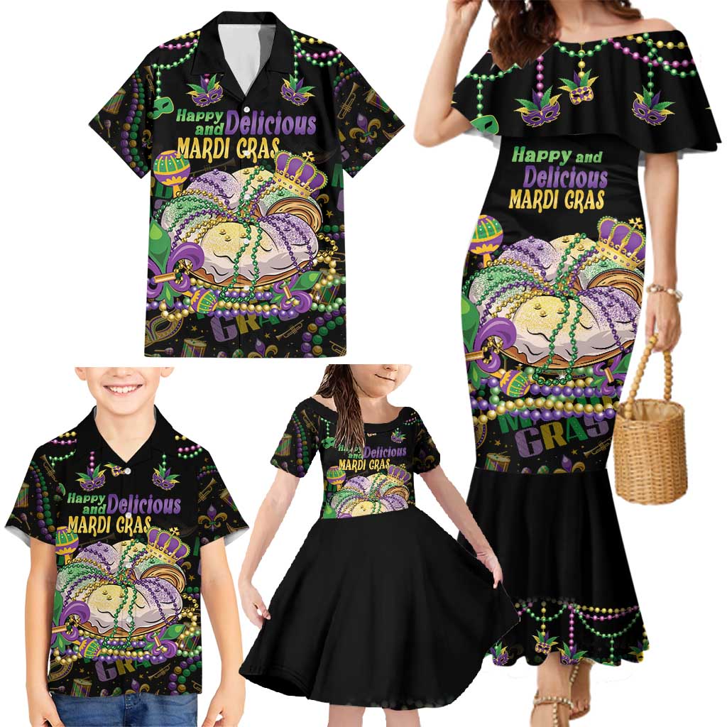 Happy And Delicious Mardi Gras Family Matching Mermaid Dress and Hawaiian Shirt King Cake And Luxury Beadeds - Wonder Print Shop