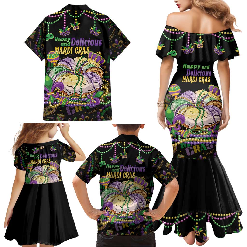 Happy And Delicious Mardi Gras Family Matching Mermaid Dress and Hawaiian Shirt King Cake And Luxury Beadeds - Wonder Print Shop