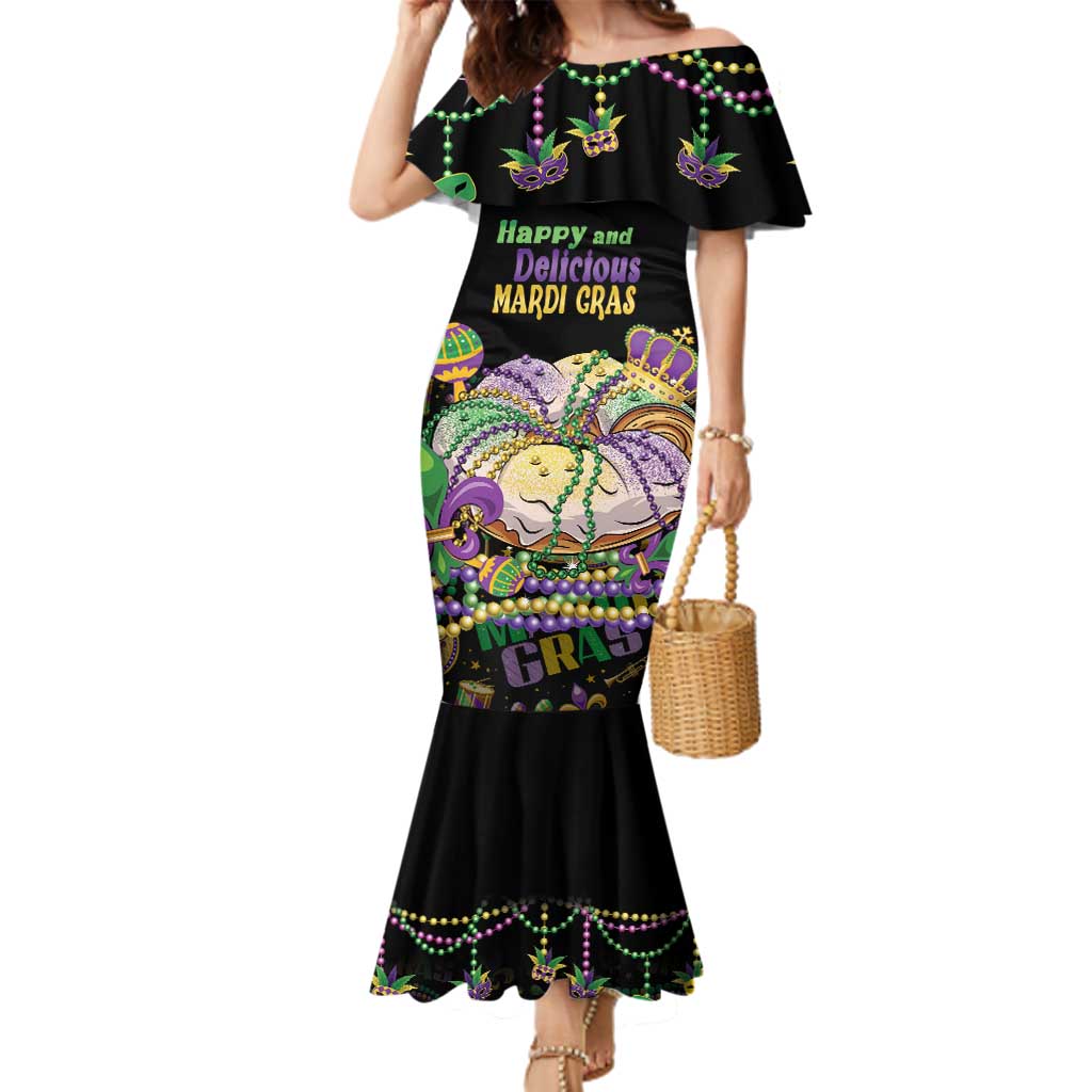 Happy And Delicious Mardi Gras Family Matching Mermaid Dress and Hawaiian Shirt King Cake And Luxury Beadeds - Wonder Print Shop