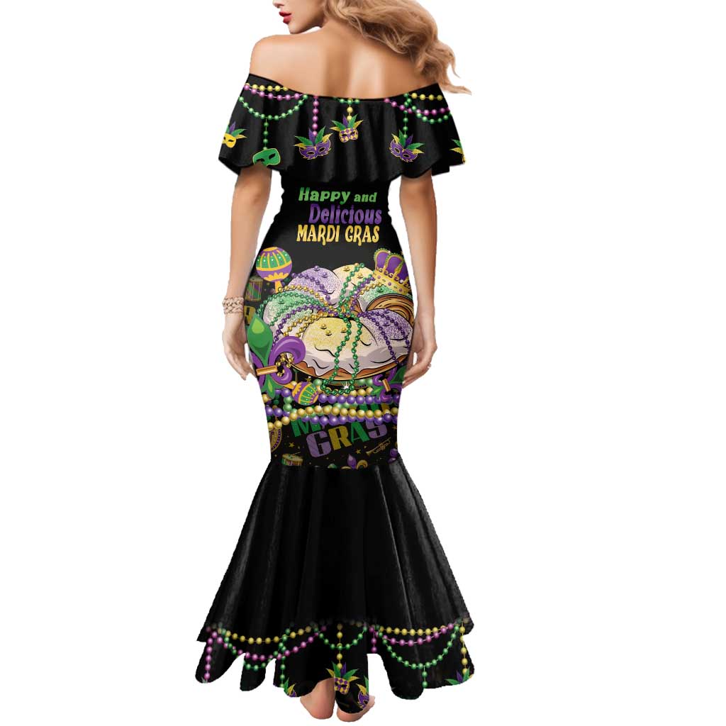 Happy And Delicious Mardi Gras Family Matching Mermaid Dress and Hawaiian Shirt King Cake And Luxury Beadeds - Wonder Print Shop