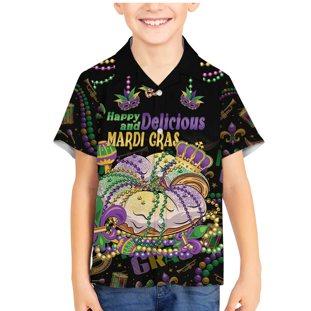 Happy And Delicious Mardi Gras Family Matching Mermaid Dress and Hawaiian Shirt King Cake And Luxury Beadeds - Wonder Print Shop