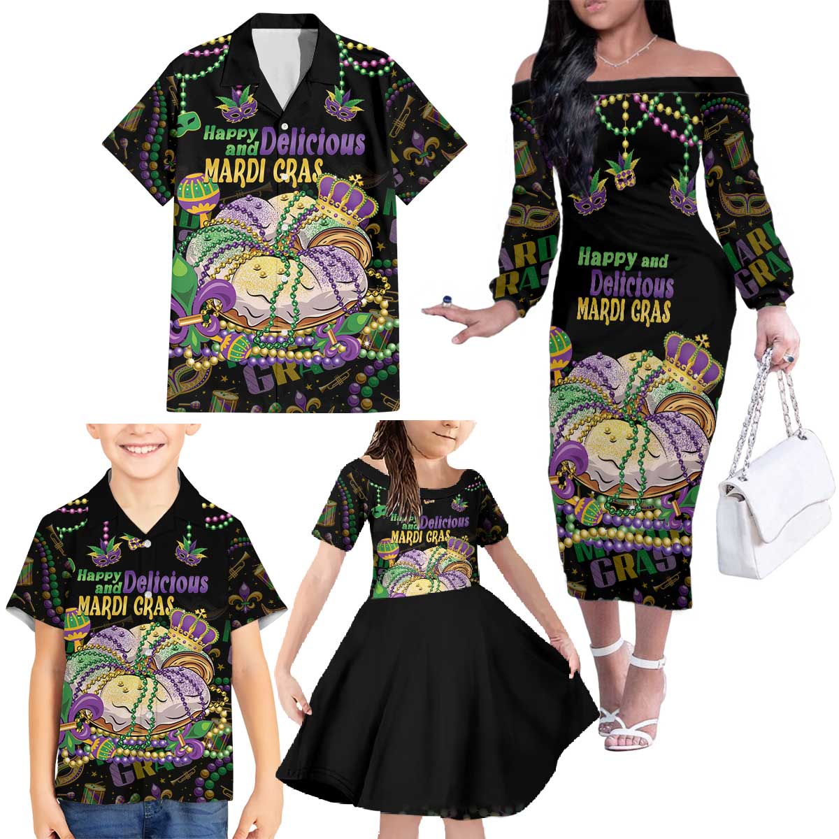 Happy And Delicious Mardi Gras Family Matching Off The Shoulder Long Sleeve Dress and Hawaiian Shirt King Cake And Luxury Beadeds - Wonder Print Shop