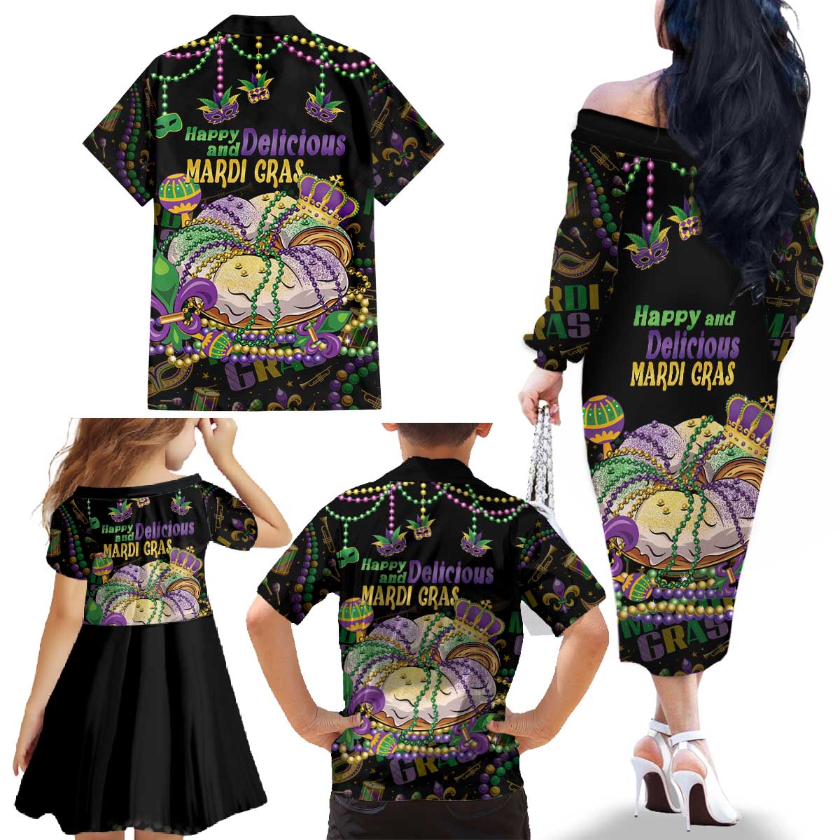 Happy And Delicious Mardi Gras Family Matching Off The Shoulder Long Sleeve Dress and Hawaiian Shirt King Cake And Luxury Beadeds - Wonder Print Shop