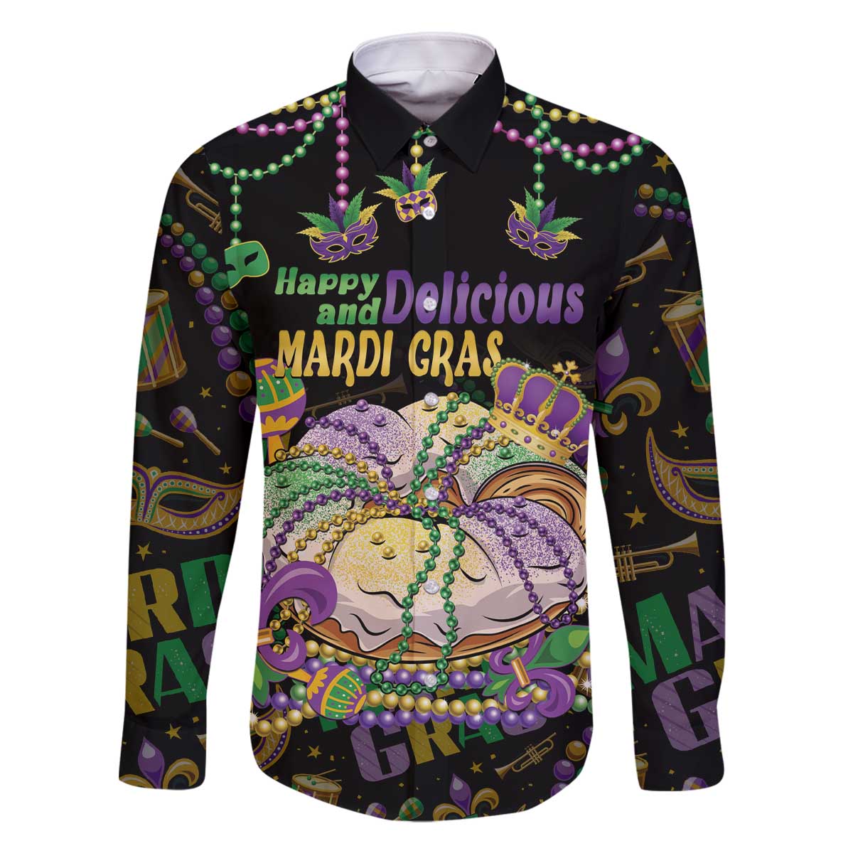 Happy And Delicious Mardi Gras Family Matching Off The Shoulder Long Sleeve Dress and Hawaiian Shirt King Cake And Luxury Beadeds - Wonder Print Shop