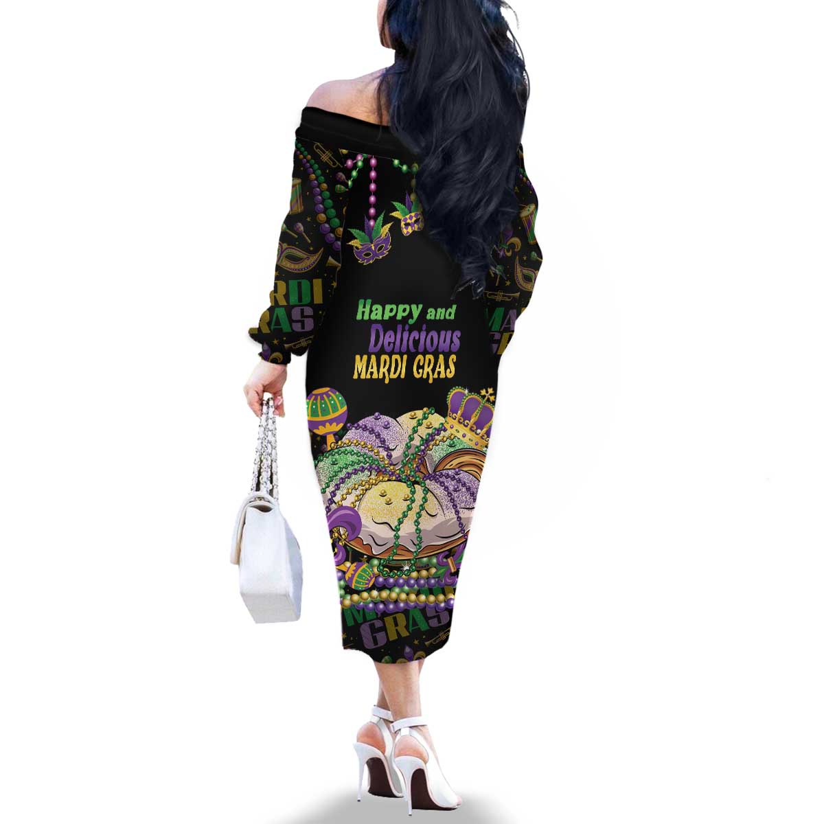 Happy And Delicious Mardi Gras Family Matching Off The Shoulder Long Sleeve Dress and Hawaiian Shirt King Cake And Luxury Beadeds - Wonder Print Shop