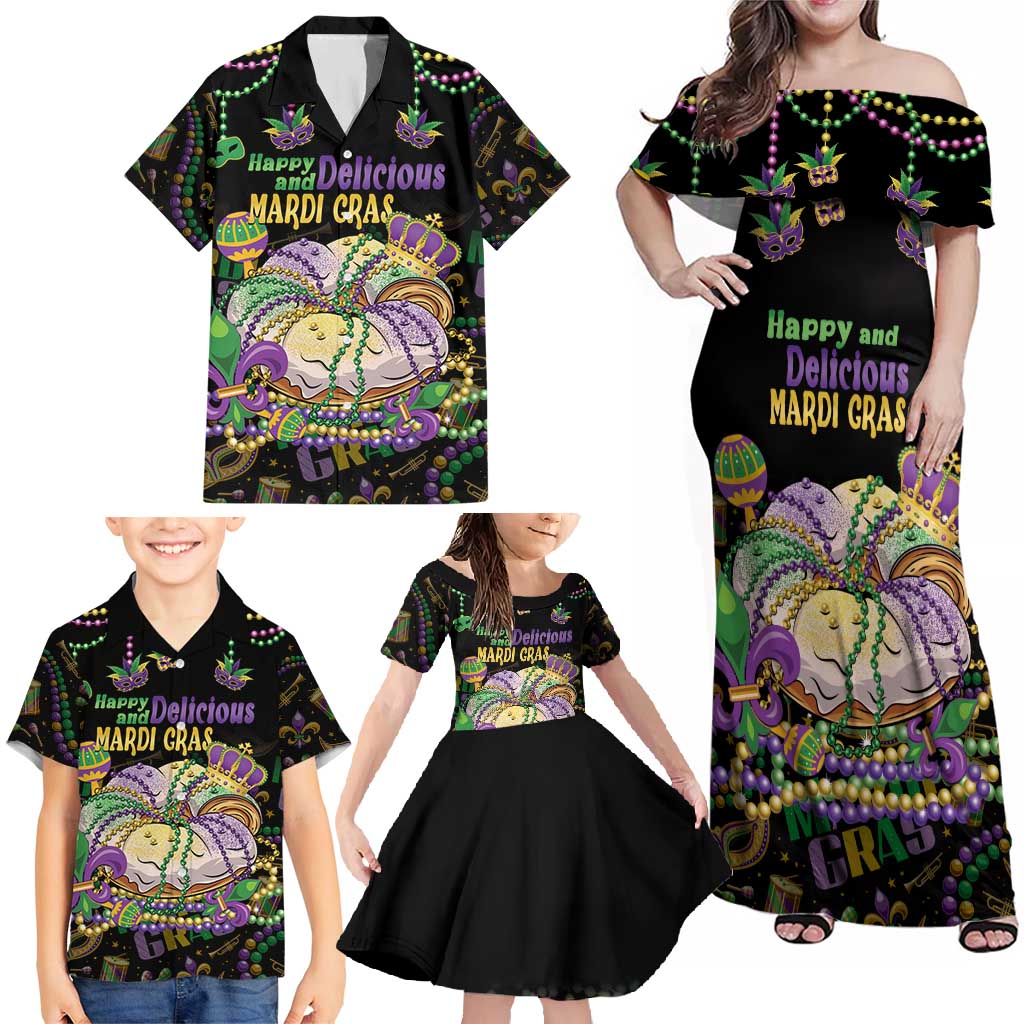 Happy And Delicious Mardi Gras Family Matching Off Shoulder Maxi Dress and Hawaiian Shirt King Cake And Luxury Beadeds - Wonder Print Shop