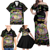 Happy And Delicious Mardi Gras Family Matching Off Shoulder Maxi Dress and Hawaiian Shirt King Cake And Luxury Beadeds - Wonder Print Shop