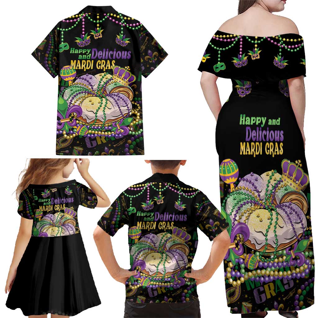 Happy And Delicious Mardi Gras Family Matching Off Shoulder Maxi Dress and Hawaiian Shirt King Cake And Luxury Beadeds - Wonder Print Shop