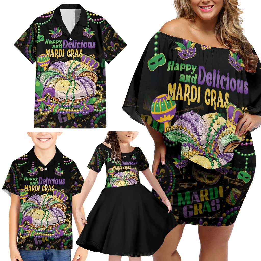 Happy And Delicious Mardi Gras Family Matching Off Shoulder Short Dress and Hawaiian Shirt King Cake And Luxury Beadeds - Wonder Print Shop