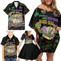 Happy And Delicious Mardi Gras Family Matching Off Shoulder Short Dress and Hawaiian Shirt King Cake And Luxury Beadeds - Wonder Print Shop