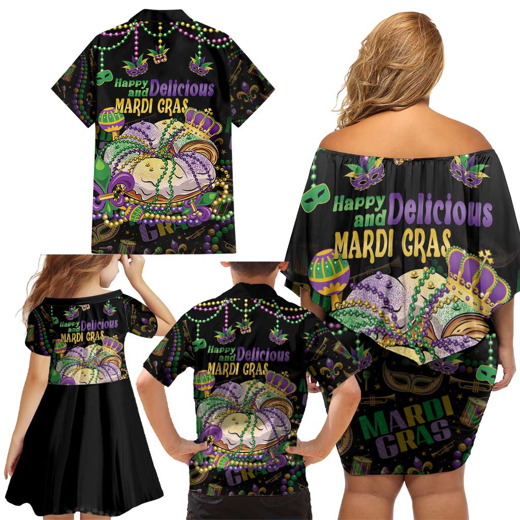 Happy And Delicious Mardi Gras Family Matching Off Shoulder Short Dress and Hawaiian Shirt King Cake And Luxury Beadeds - Wonder Print Shop