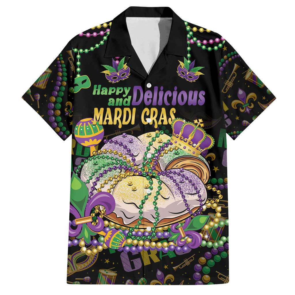 Happy And Delicious Mardi Gras Family Matching Off Shoulder Short Dress and Hawaiian Shirt King Cake And Luxury Beadeds - Wonder Print Shop