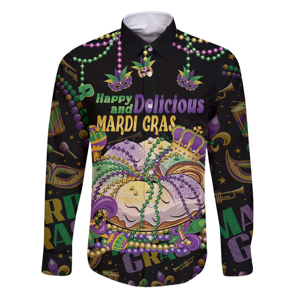 Happy And Delicious Mardi Gras Family Matching Off Shoulder Short Dress and Hawaiian Shirt King Cake And Luxury Beadeds - Wonder Print Shop