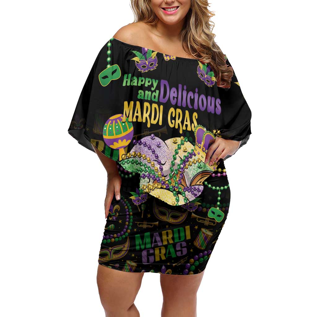 Happy And Delicious Mardi Gras Family Matching Off Shoulder Short Dress and Hawaiian Shirt King Cake And Luxury Beadeds - Wonder Print Shop