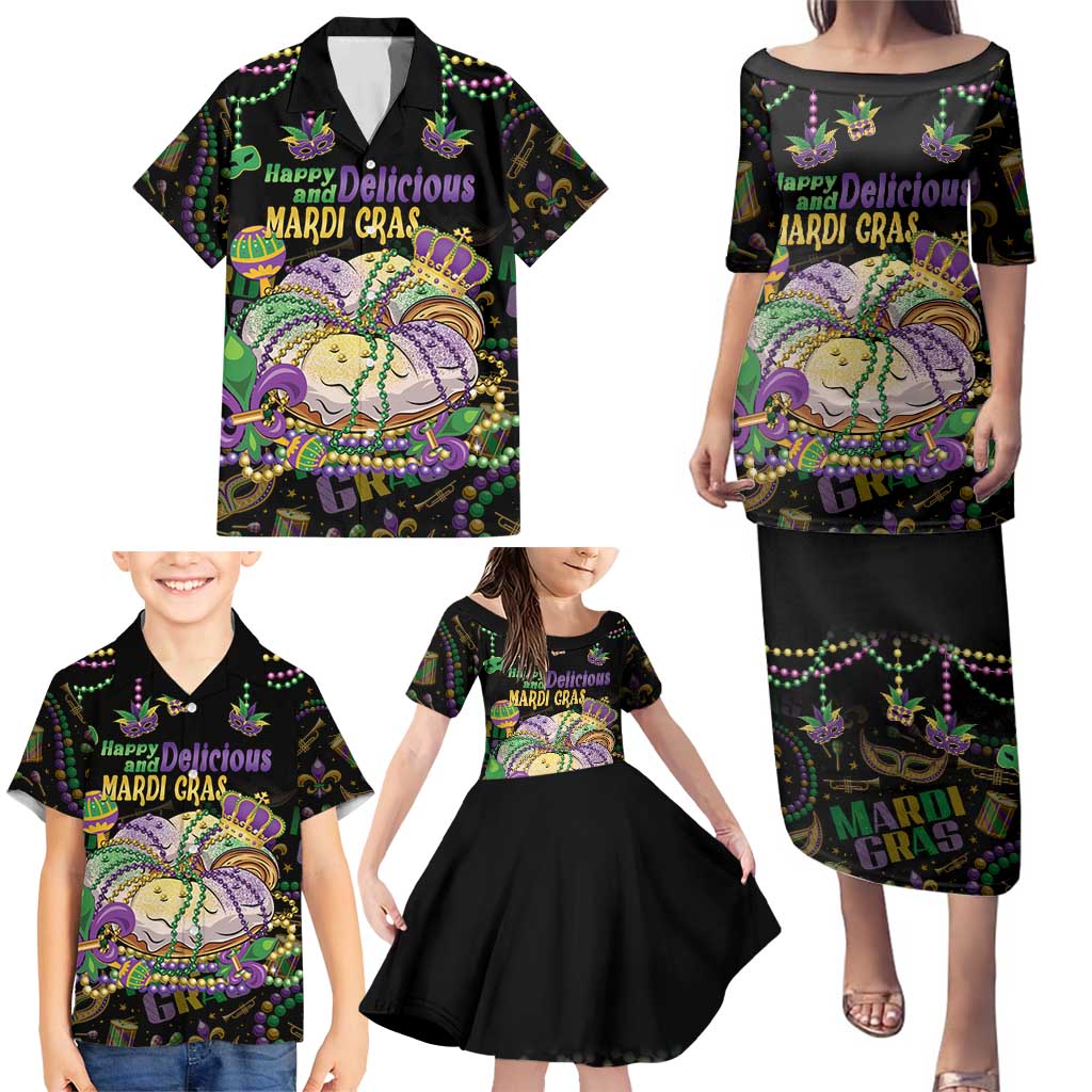 Happy And Delicious Mardi Gras Family Matching Puletasi and Hawaiian Shirt King Cake And Luxury Beadeds - Wonder Print Shop