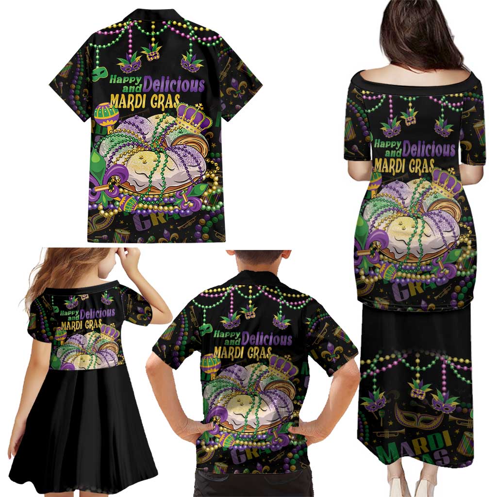 Happy And Delicious Mardi Gras Family Matching Puletasi and Hawaiian Shirt King Cake And Luxury Beadeds - Wonder Print Shop