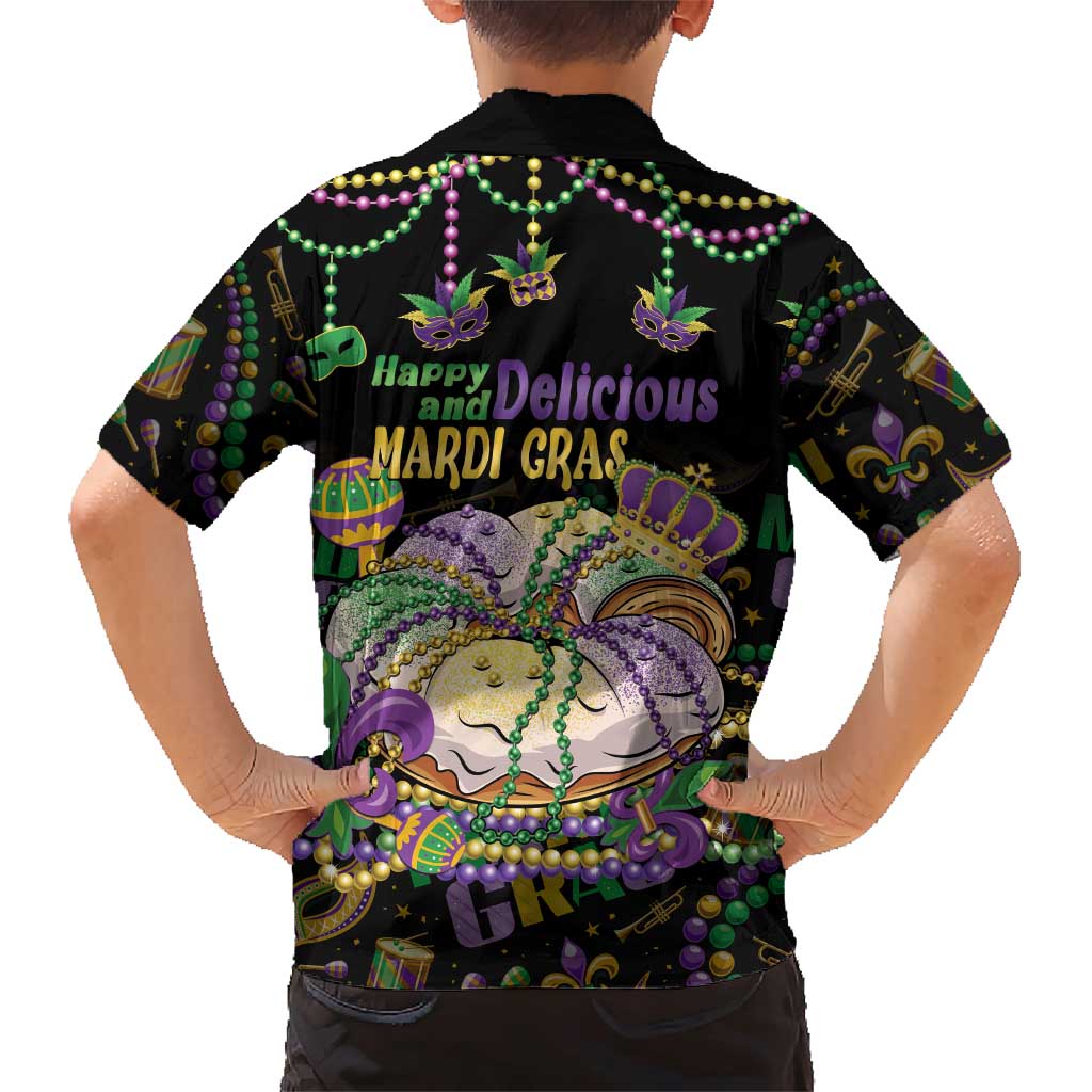 Happy And Delicious Mardi Gras Family Matching Short Sleeve Bodycon Dress and Hawaiian Shirt King Cake And Luxury Beadeds - Wonder Print Shop