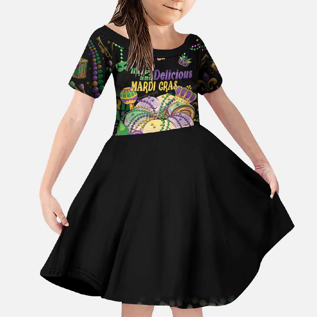 Happy And Delicious Mardi Gras Family Matching Short Sleeve Bodycon Dress and Hawaiian Shirt King Cake And Luxury Beadeds - Wonder Print Shop