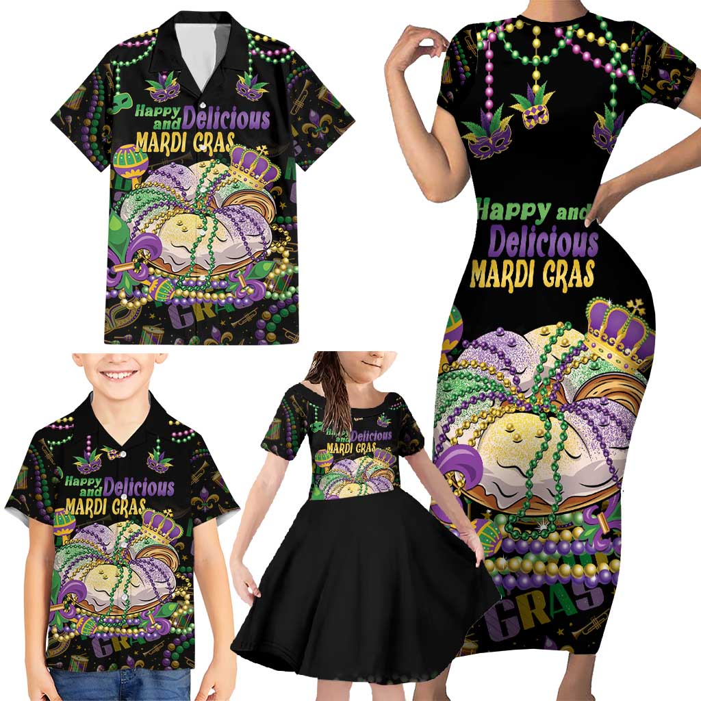 Happy And Delicious Mardi Gras Family Matching Short Sleeve Bodycon Dress and Hawaiian Shirt King Cake And Luxury Beadeds - Wonder Print Shop