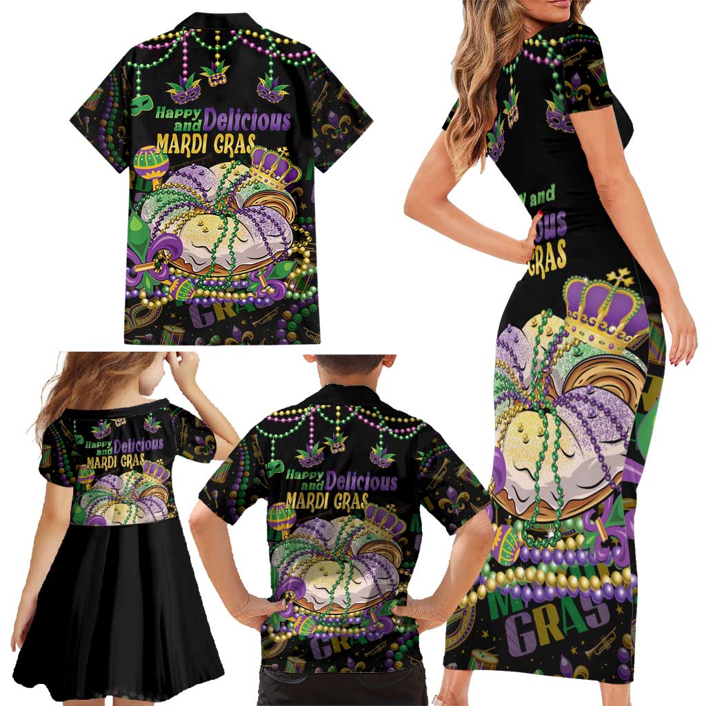 Happy And Delicious Mardi Gras Family Matching Short Sleeve Bodycon Dress and Hawaiian Shirt King Cake And Luxury Beadeds - Wonder Print Shop